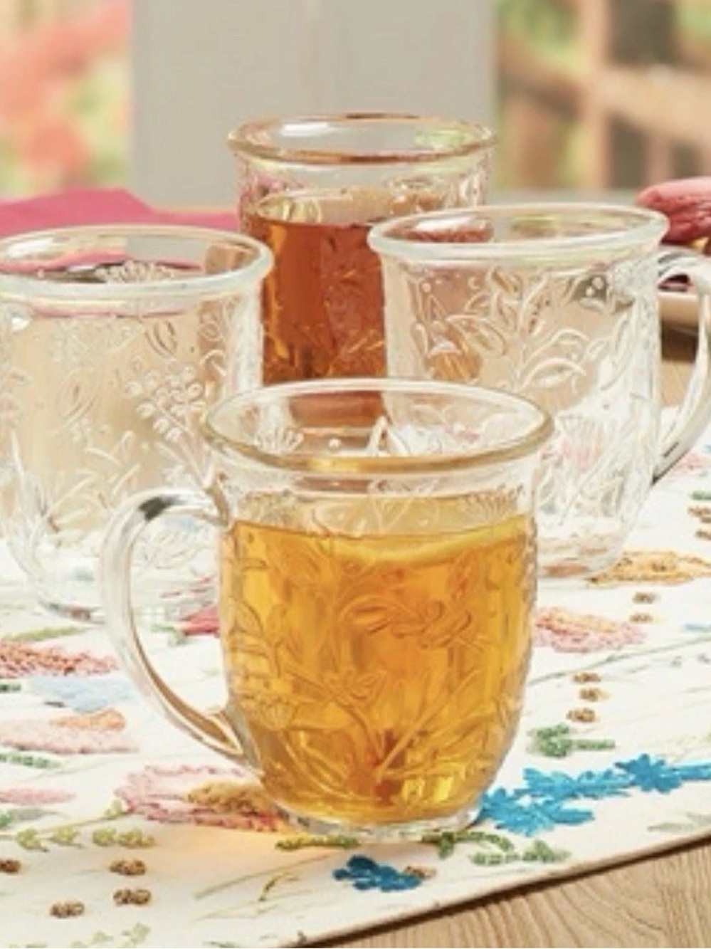 Princess House Clear Embossed Glass Mugs with Floral Motif - Set of 4